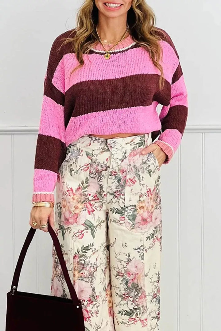 Wide stripe drop shoulder crew neck knit pullover sweater