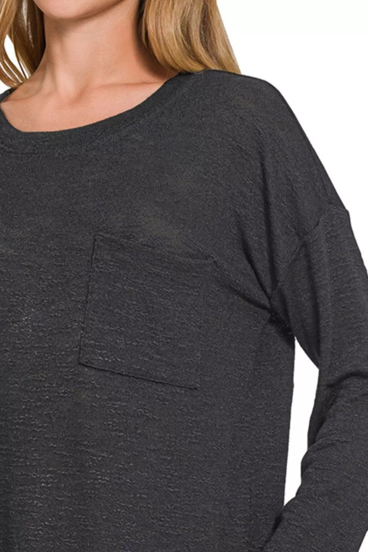 Relaxed slub knit long sleeve pocket tee
