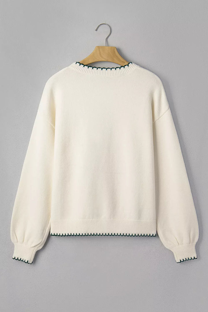 Gingham ribbon tree applique blanket stitch knit sweater