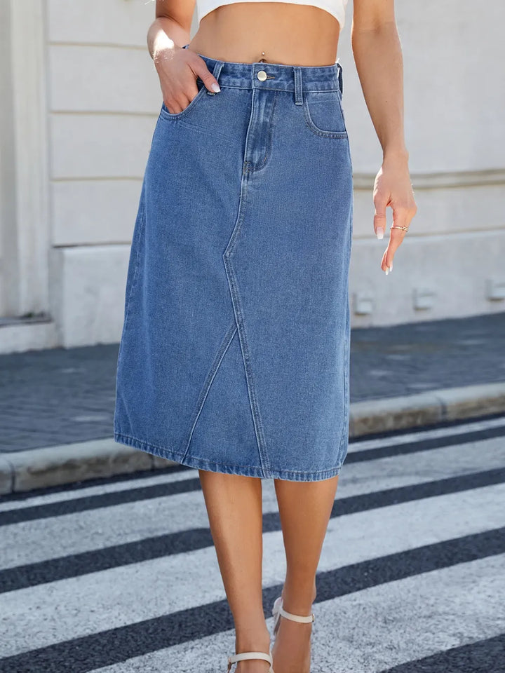 High-rise midi denim skirt with back slit and front pockets
