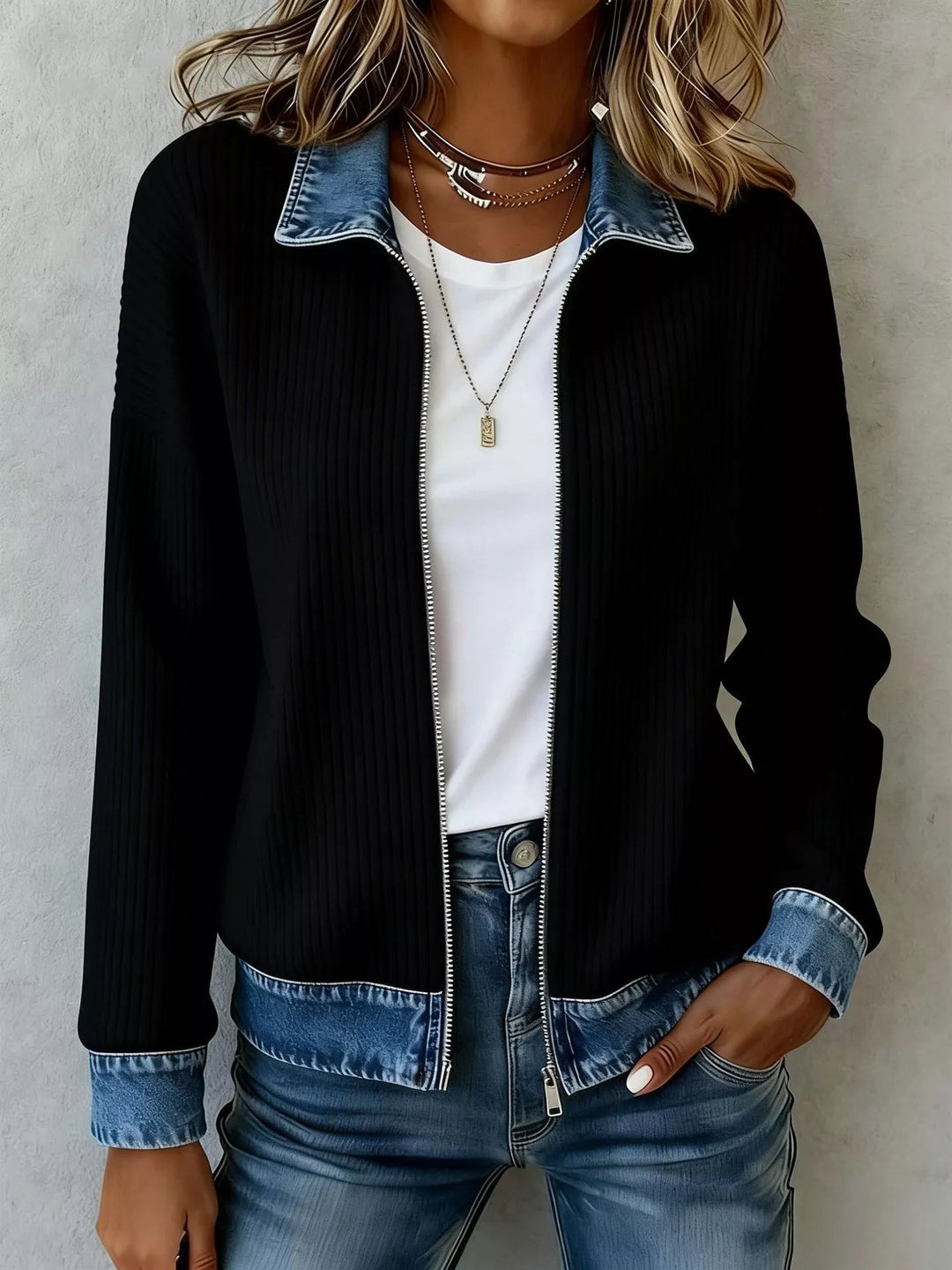 Black Ribbed knit zip-up jacket with denim collar and cuffs