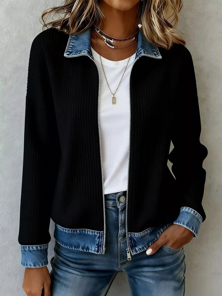 Black Ribbed knit zip-up jacket with denim collar and cuffs