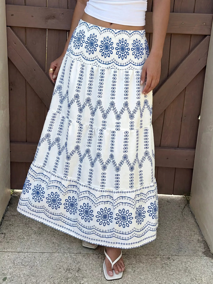 Tiered floral-print maxi skirt with smocked waist