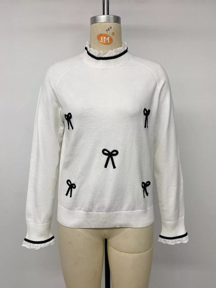 Lace trim mock neck sweater with contrast bow appliqués