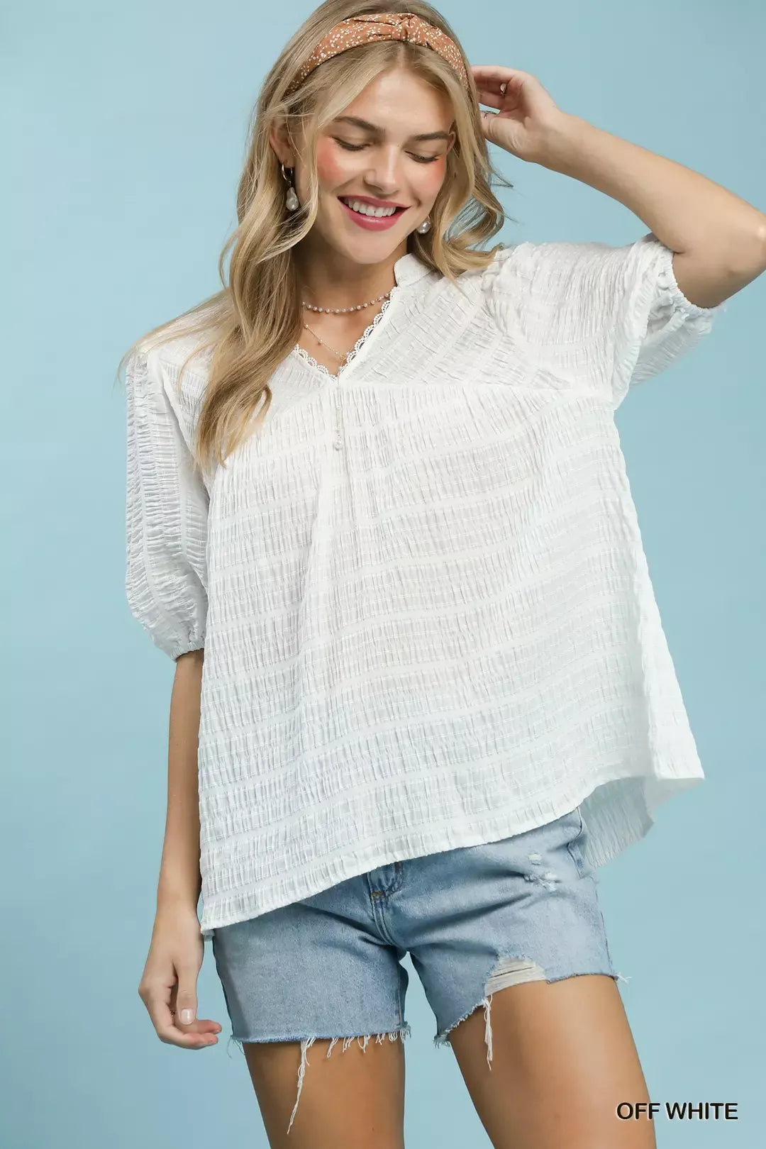 OFF WHITE Crinkle-texture V-neck blouse with puff sleeves
