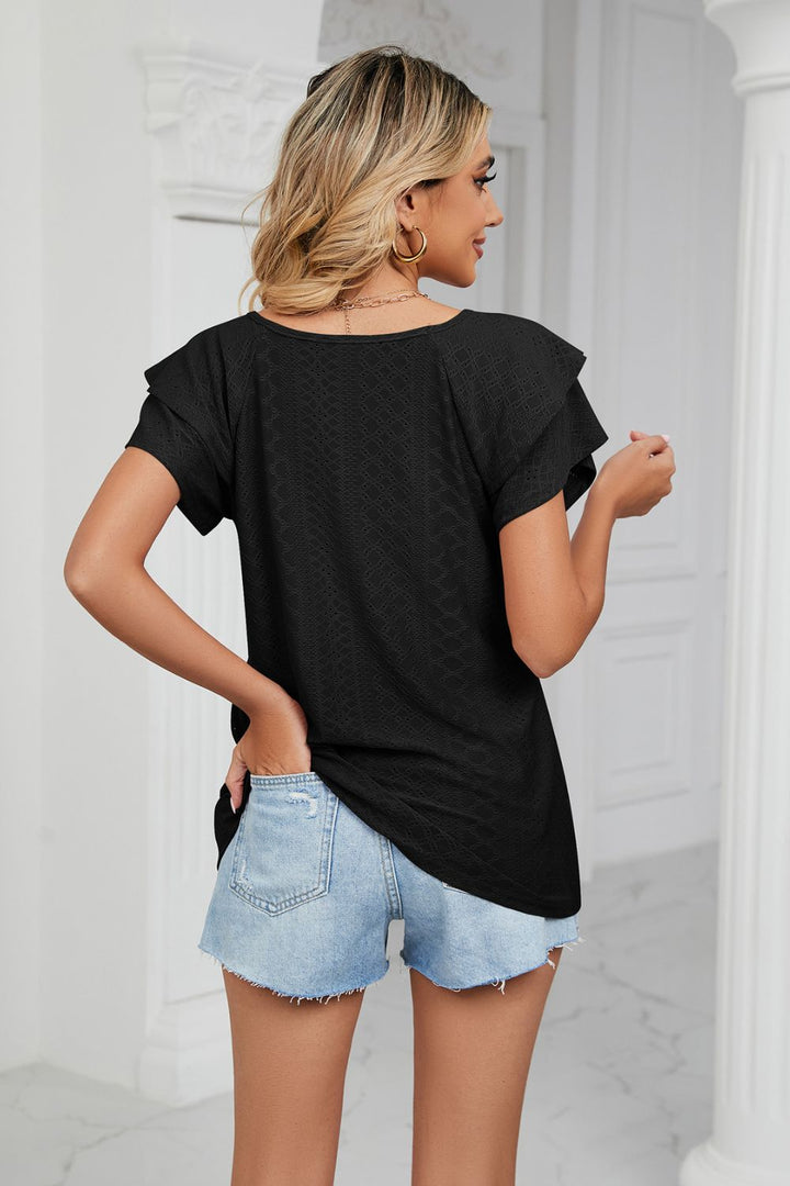 Eyelet knit V-neck top with layered flutter sleeves