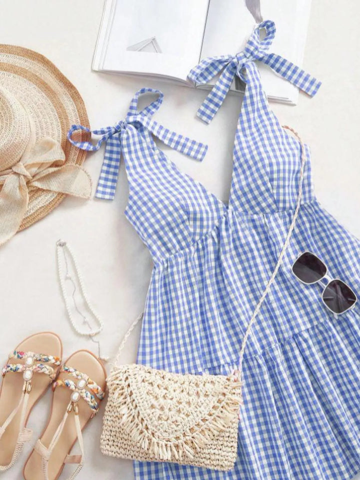 Gingham tie-shoulder ruffle hem mini dress