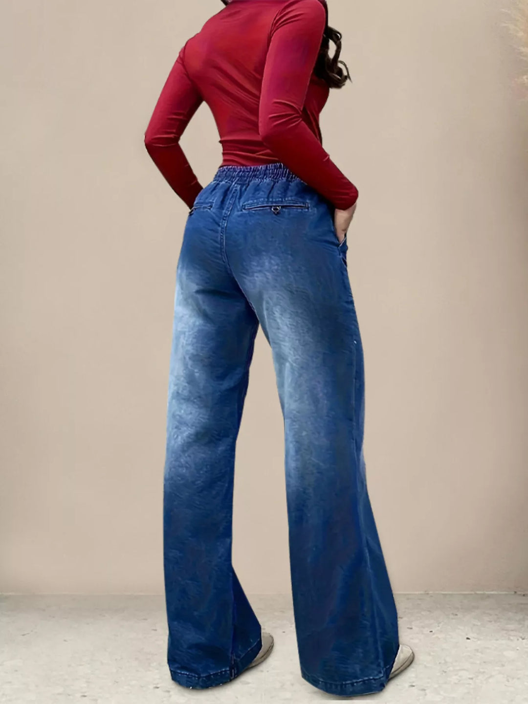Drawstring elastic-waist wide-leg jeans with patch pockets