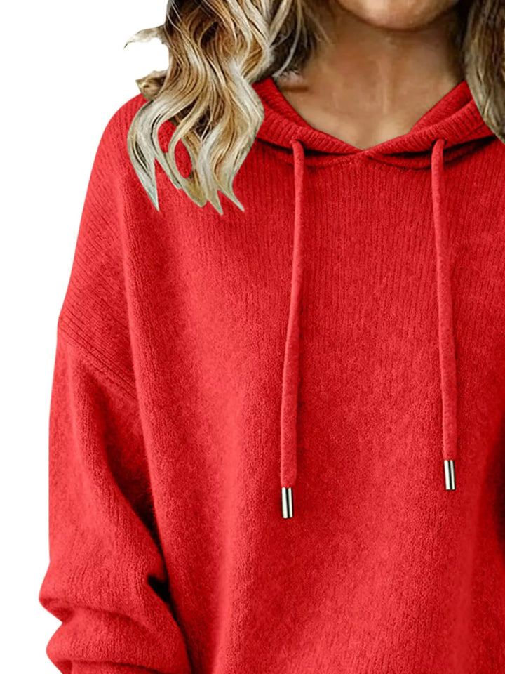 Drawstring hooded knit sweater with ribbed cuffs