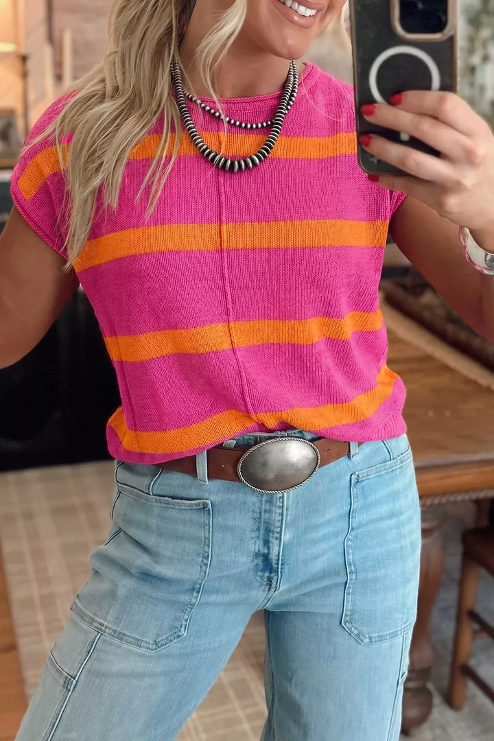 Striped knit short sleeve sweater top with center seam