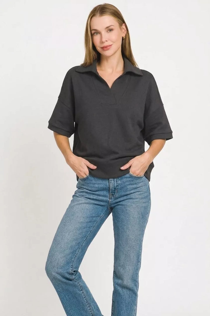 Scuba knit polo collar short sleeve pullover