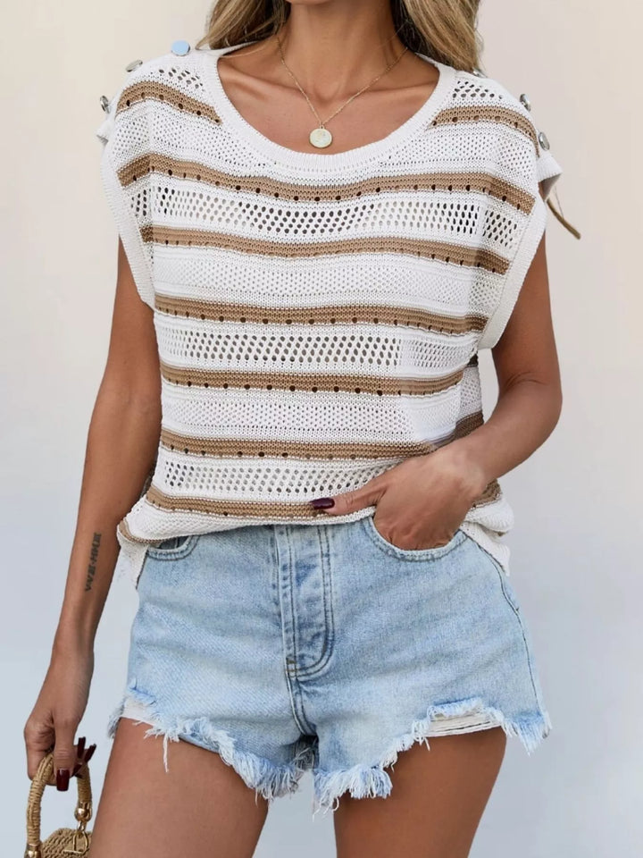 Khaki Openwork knit cap sleeve top with shoulder buttons