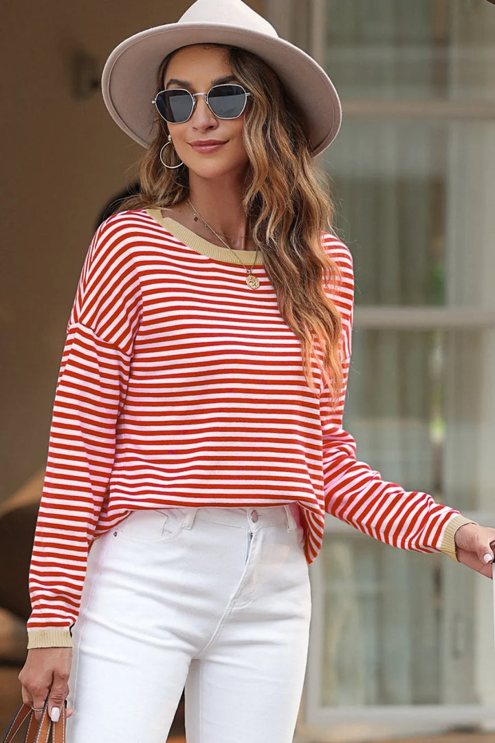 Contrast-trim striped drop-shoulder long sleeve knit top