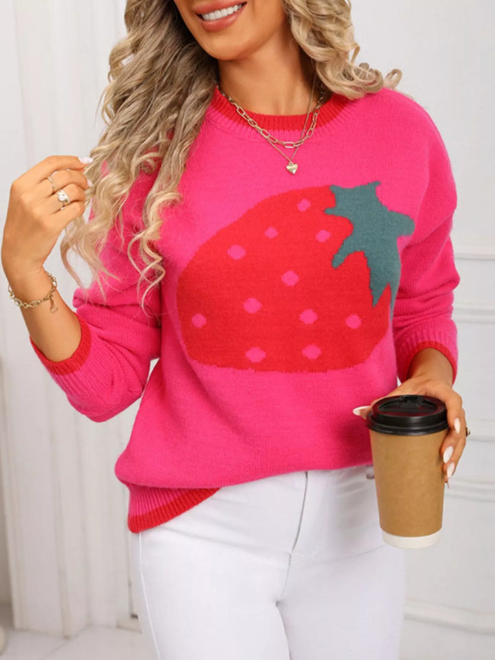 Strawberry graphic crew neck knit sweater