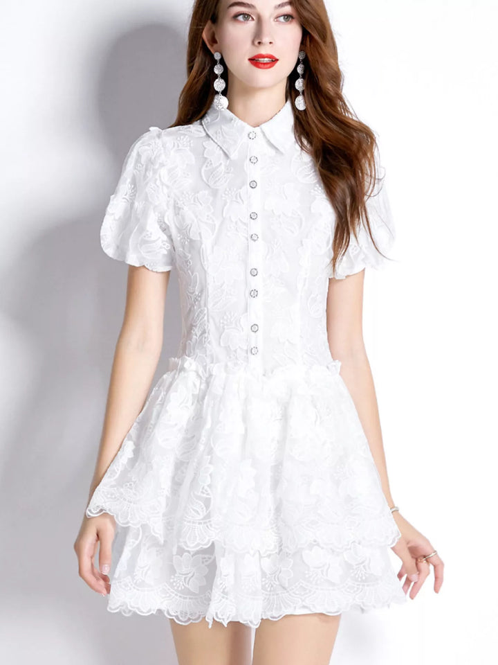 Floral lace puff sleeve mini dress with tiered skirt