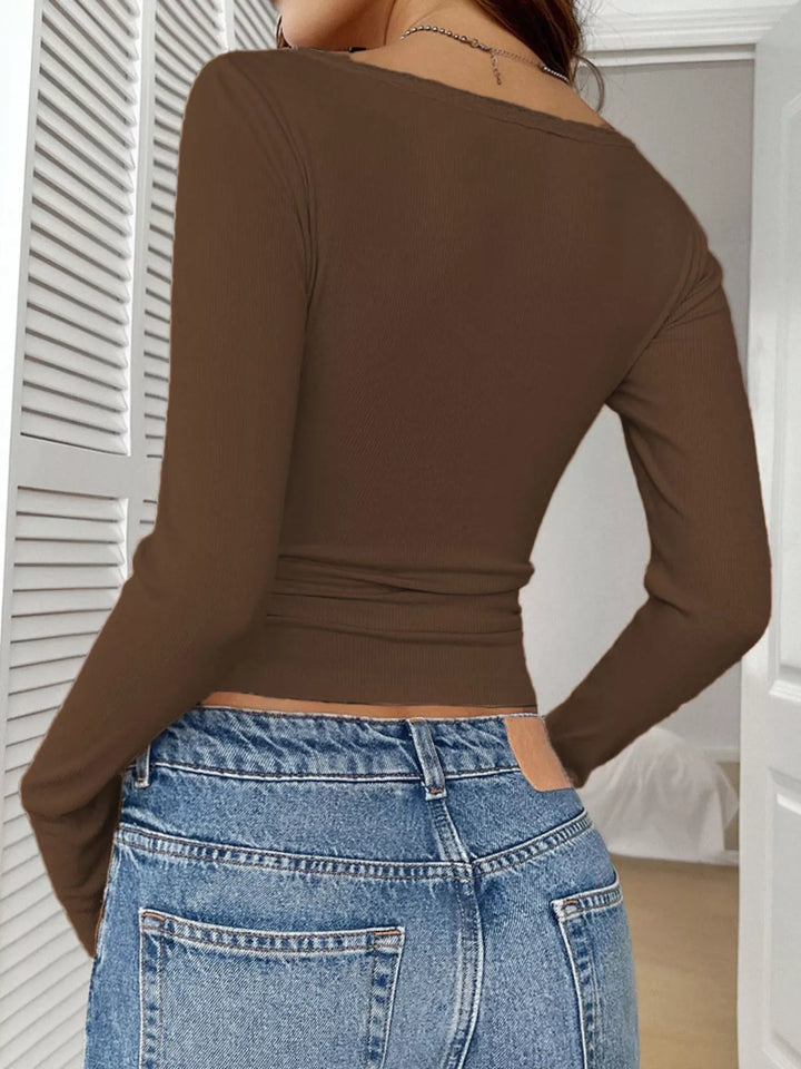 Ribbed knit lace-trim henley long sleeve top
