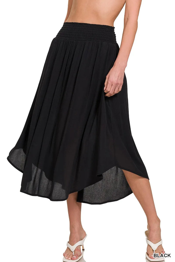 BLACK Crinkle rayon smocked waist high-low maxi skirt with pockets