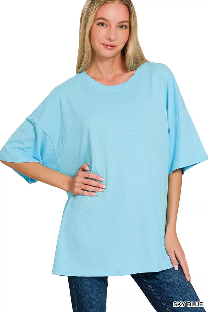 SKY BLUE Oversized short sleeve cotton tunic tee with drop shoulders