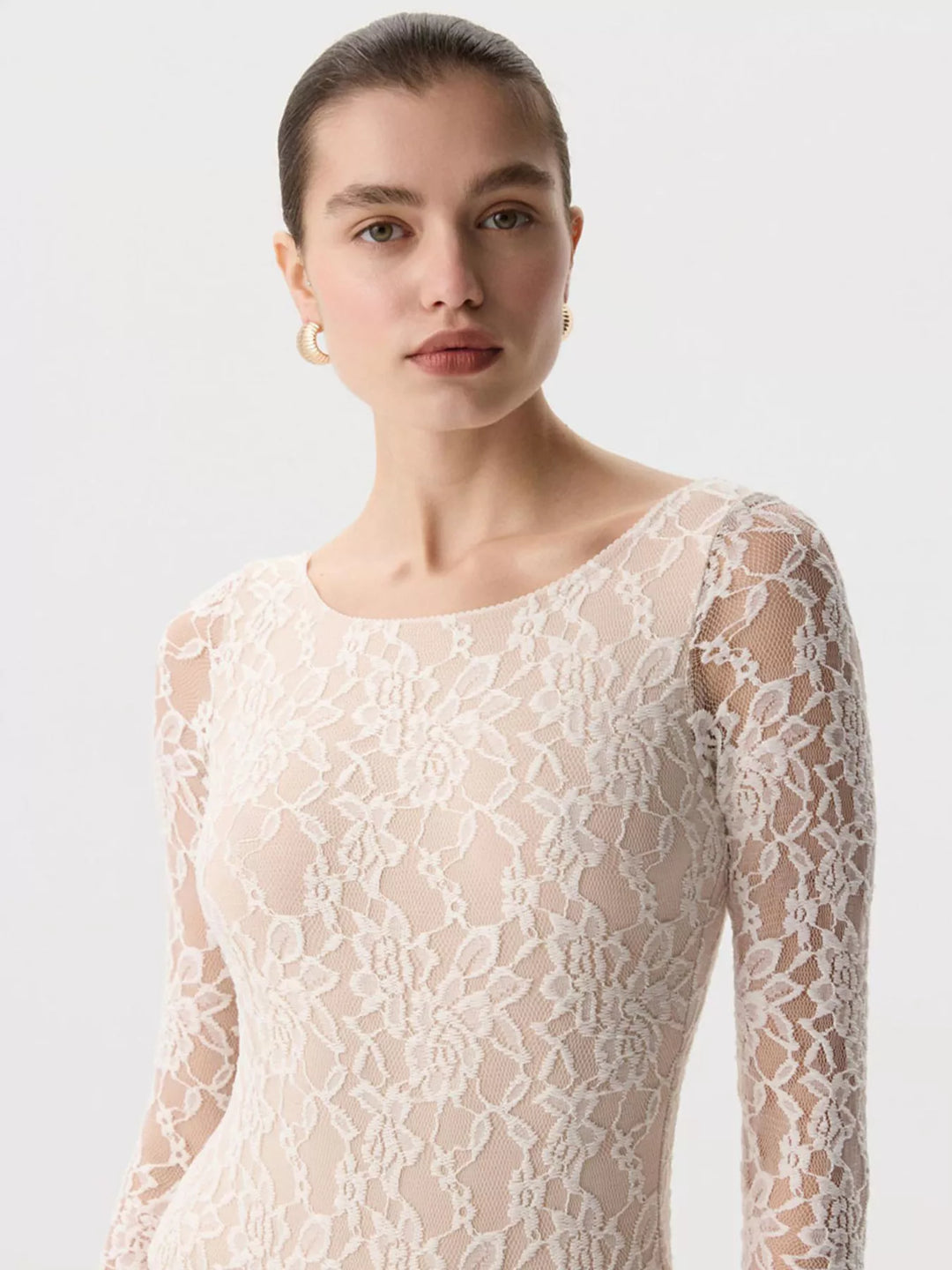 Sheer floral lace round neck long sleeve top