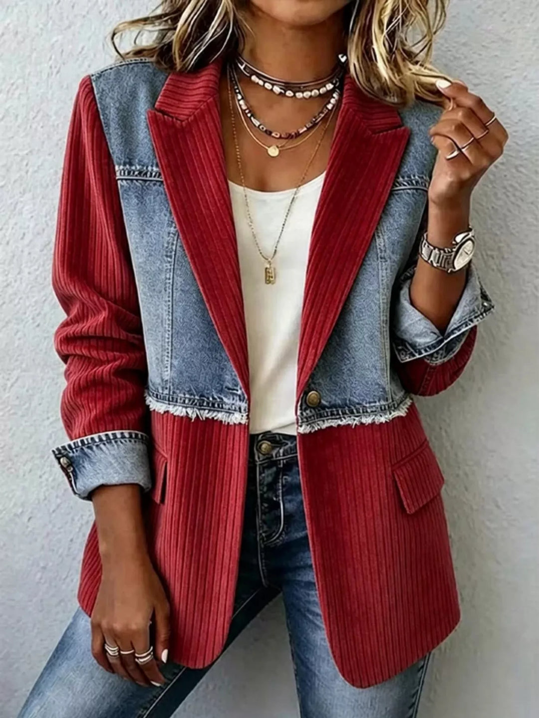 Burgundy Denim patchwork ribbed blazer with raw hem and notch lapels