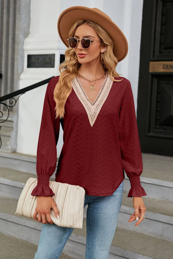 Burgundy Contrast crochet V-neck blouse with flounce sleeves