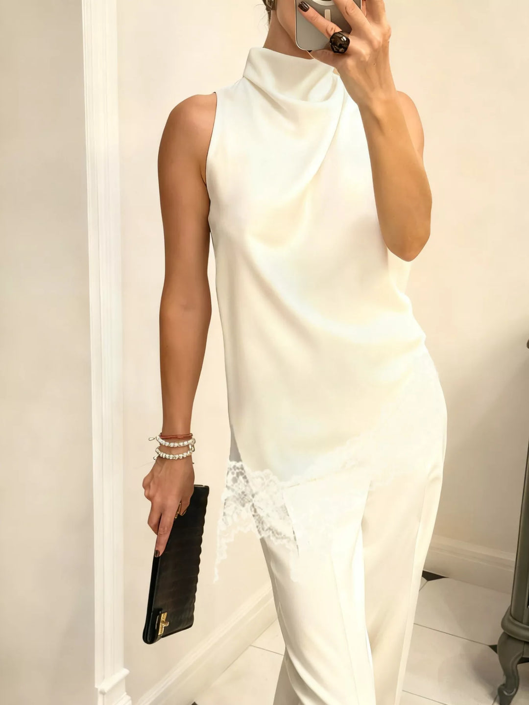 Asymmetric lace-hem satin cami with high cowl neck