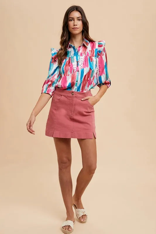 Stretch cotton mini skirt with side slits and front pockets