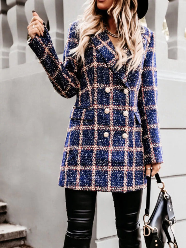 Houndstooth tweed double-breasted blazer coat with gold buttons