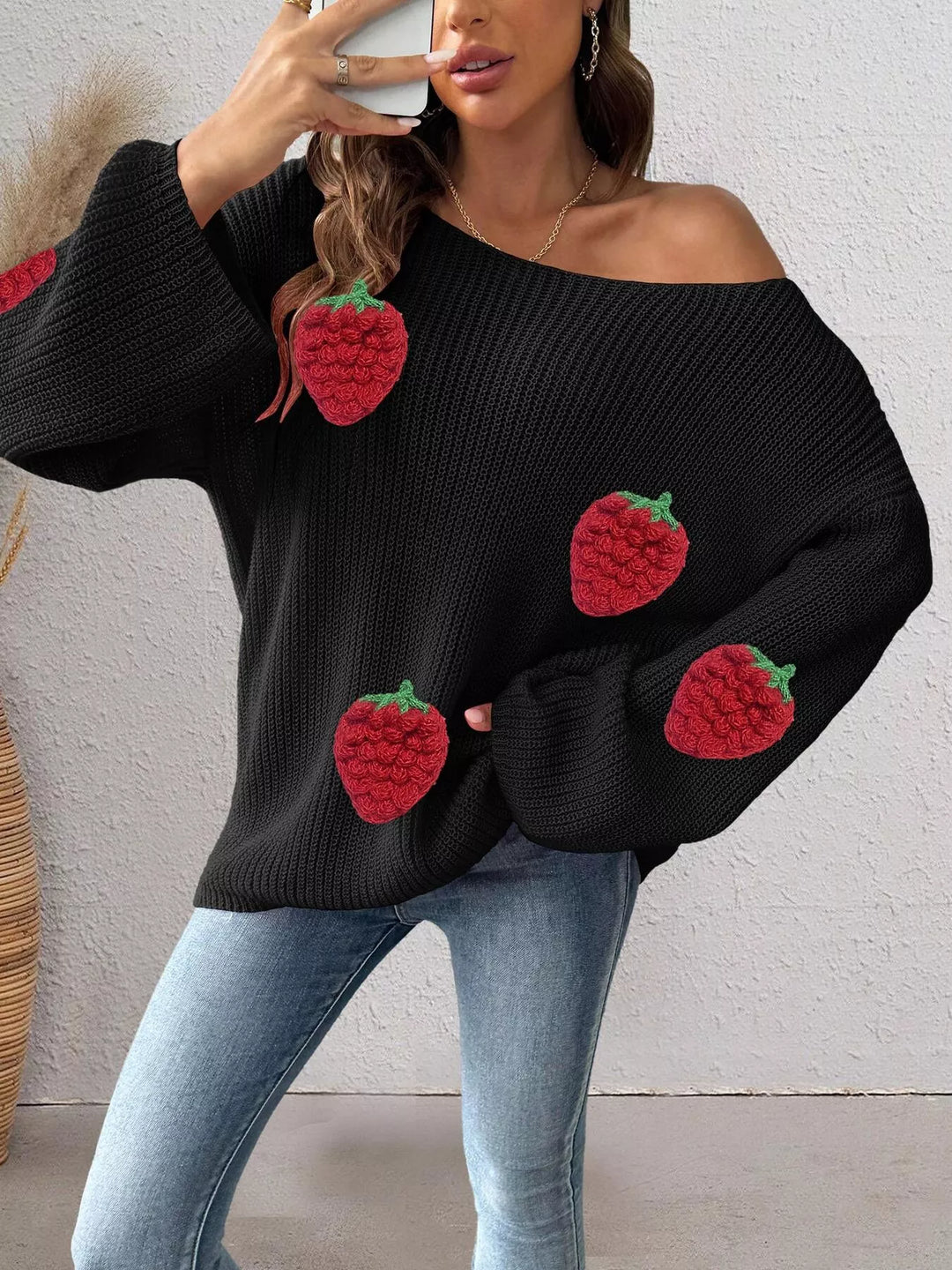 Strawberry applique ribbed knit oversized pullover sweater
