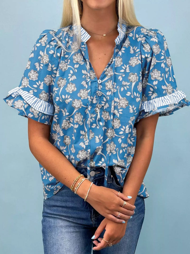 Dusty Blue Floral print blouse with ruffle sleeves and split neck tie