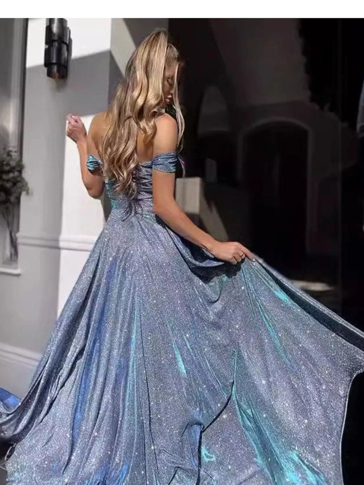 Glitter off-shoulder A-line maxi dress with high slit