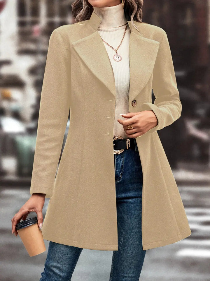 Khaki Button-front longline coat with notched lapel and flared hem