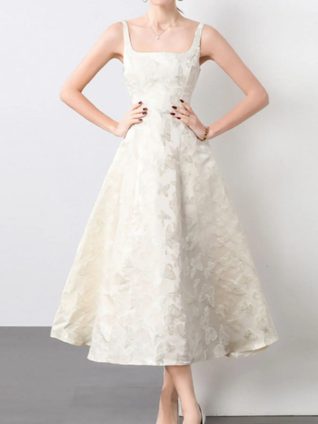 Butterfly jacquard square-neck A-line midi dress