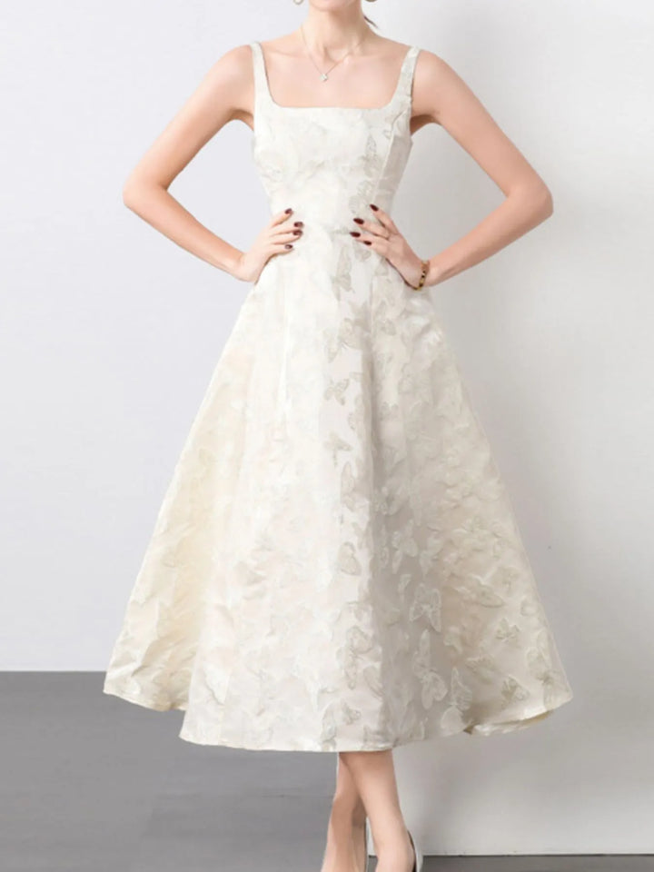 Butterfly jacquard square-neck A-line midi dress