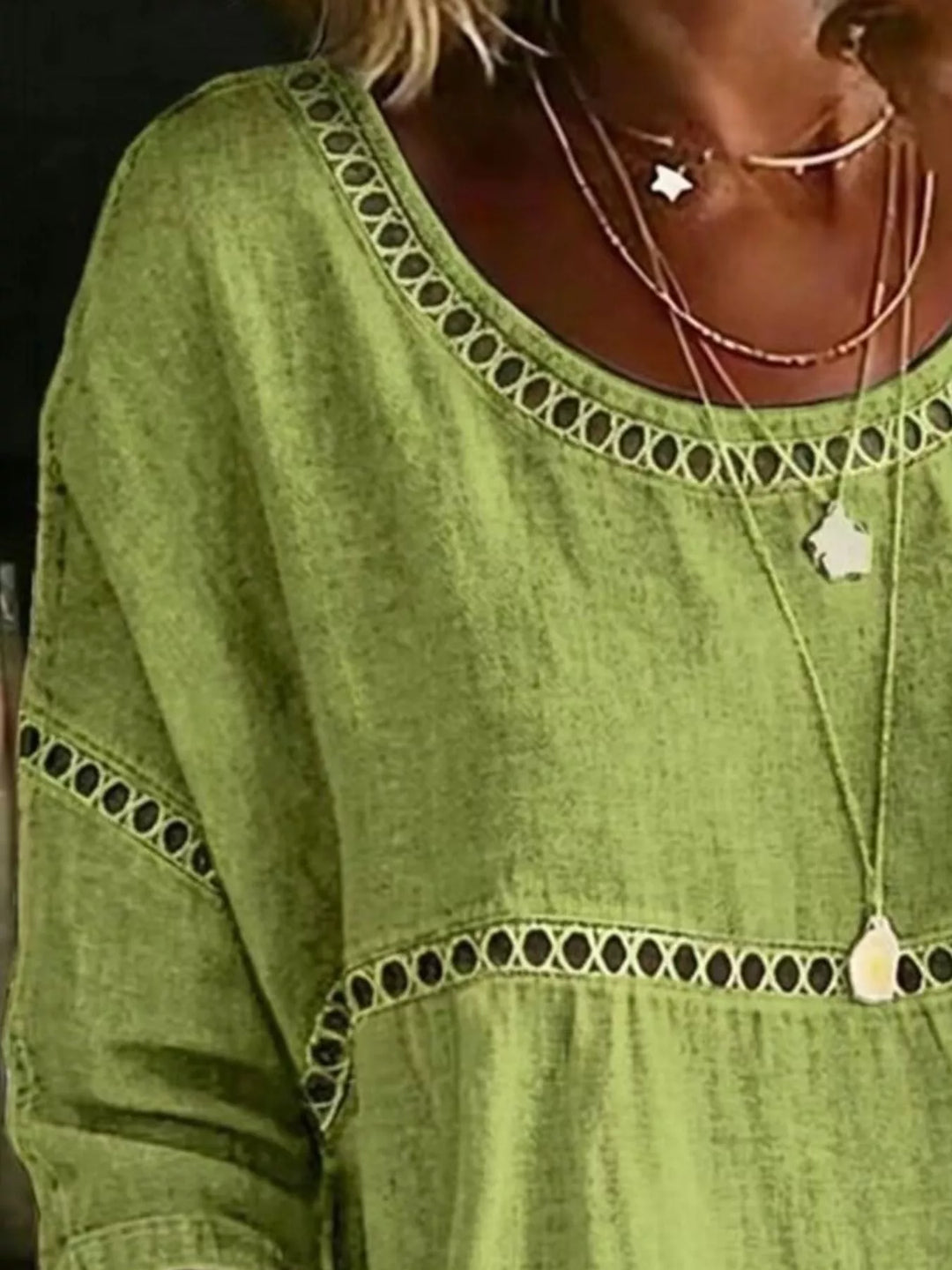 Floral print crochet-trim tunic top with 3/4 sleeves