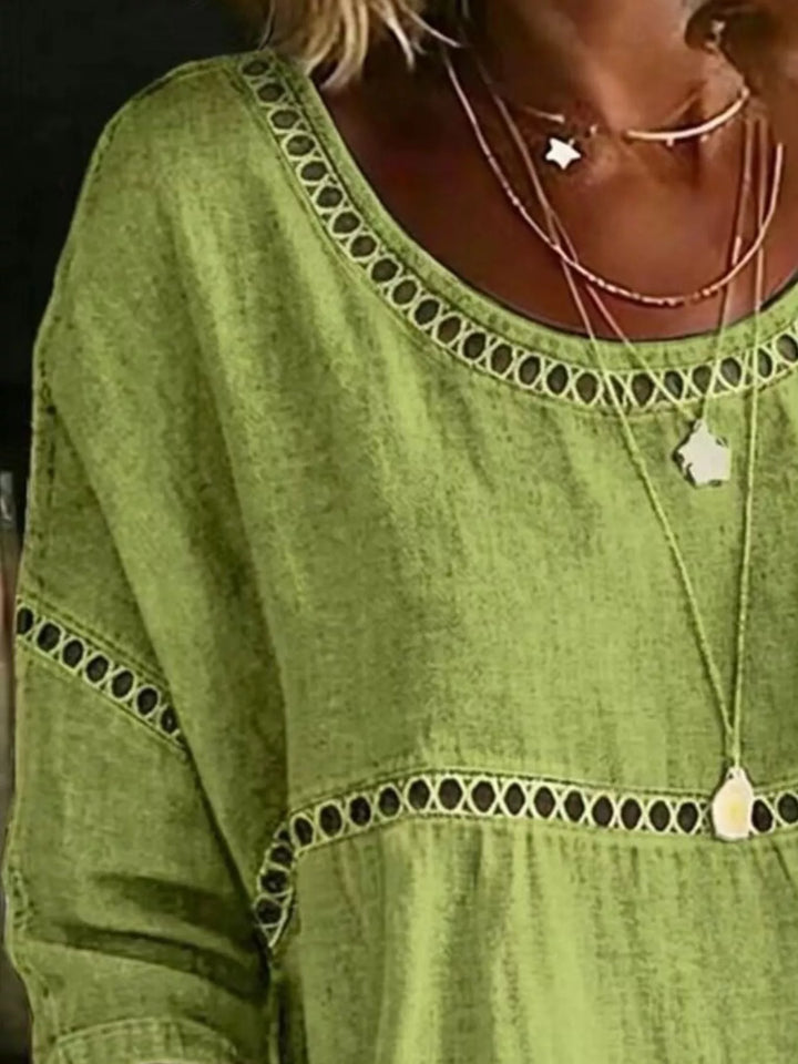 Floral print crochet-trim tunic top with 3/4 sleeves