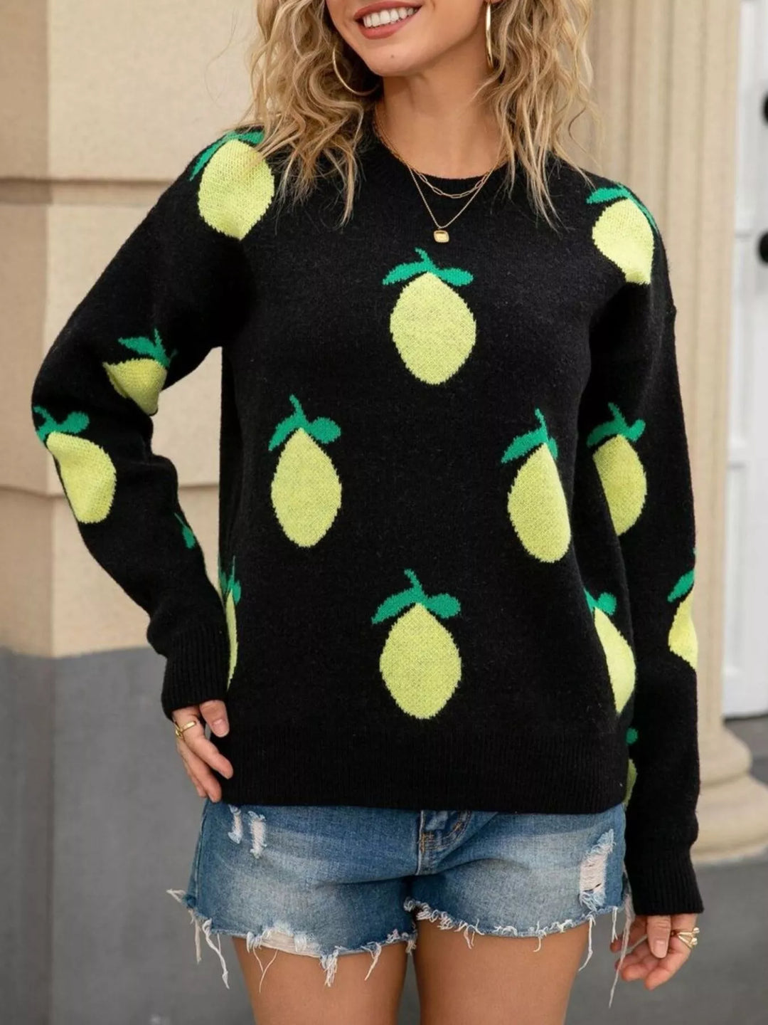 Lemon motif crew neck knit sweater with ribbed trim