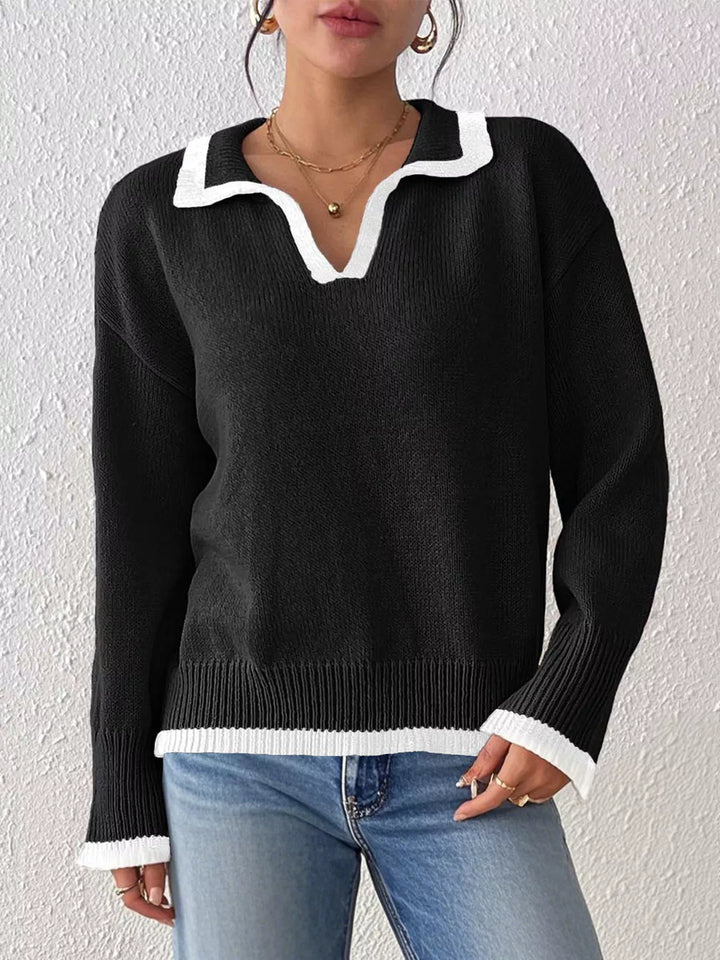 Black Contrast trim polo collar knit pullover sweater