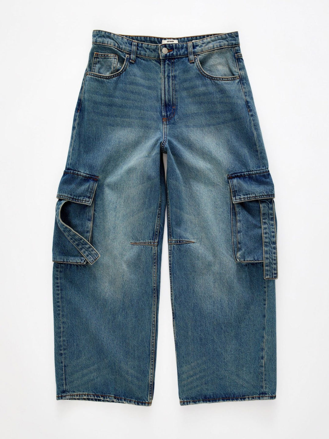 Vintage wash wide-leg cargo jeans with strap pockets