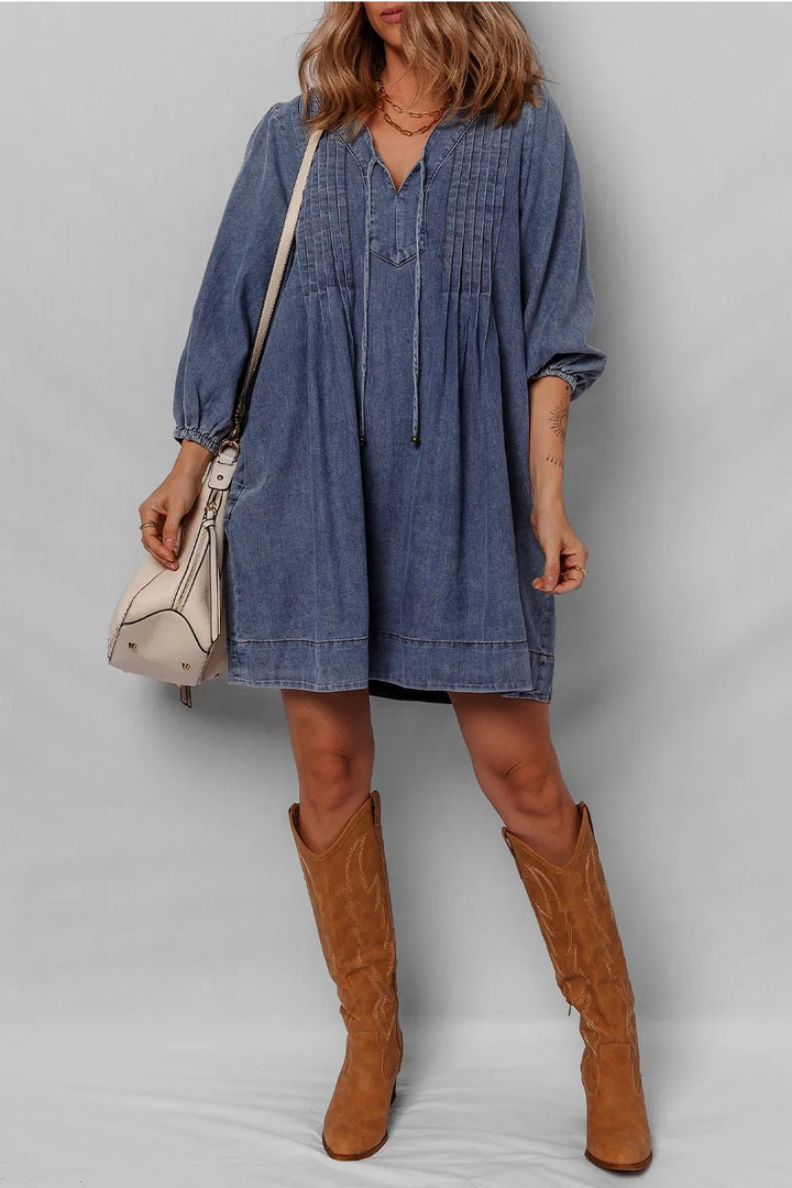 Pintucked tie-neck long sleeve denim mini dress