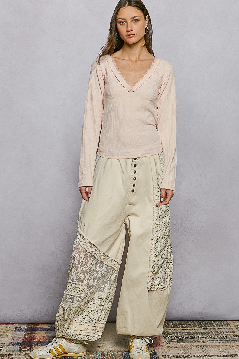 Ribbed V-neck long sleeve top with lace-trim neckband