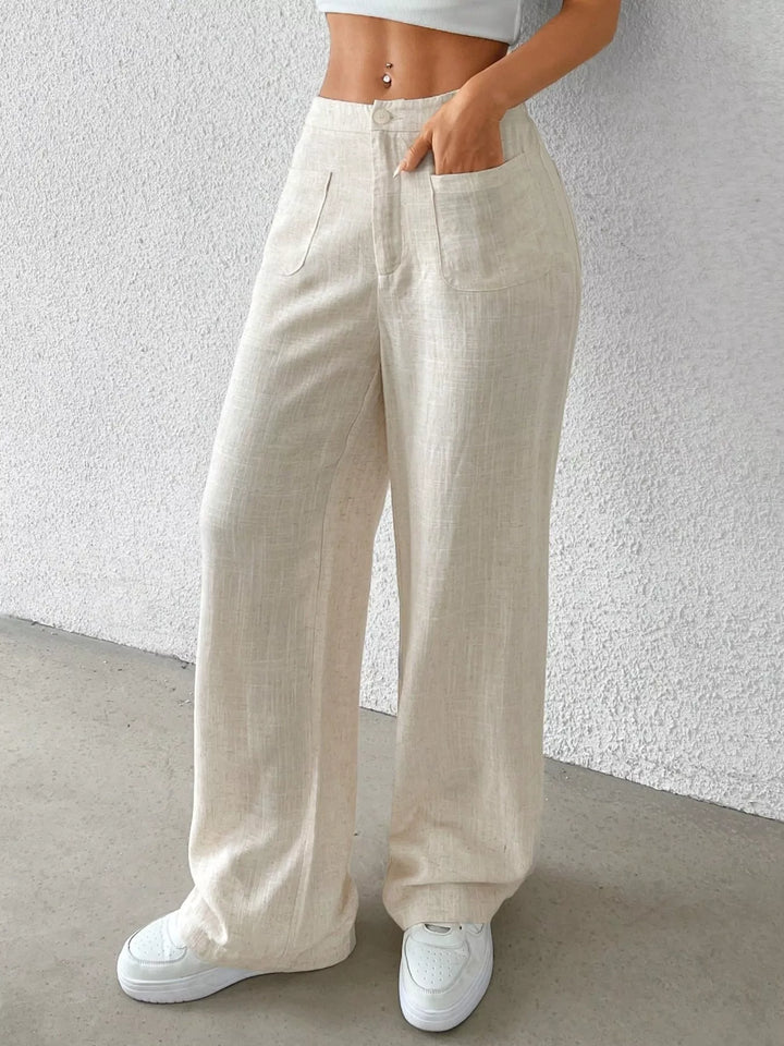 Cream High-rise wide-leg linen blend pants with patch pockets