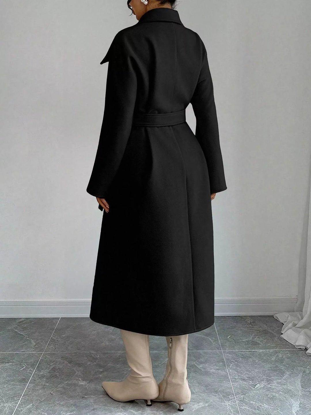 Double-breasted belted longline coat with stand collar