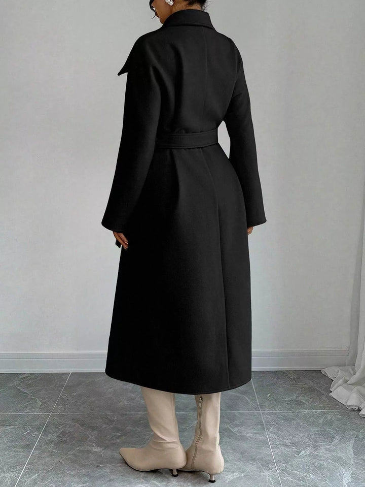 Double-breasted belted longline coat with stand collar