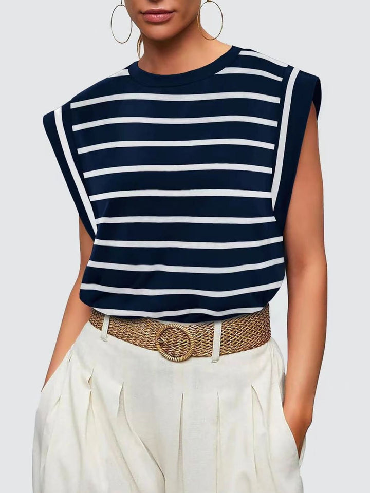 Striped cap-sleeve crew neck muscle tank top