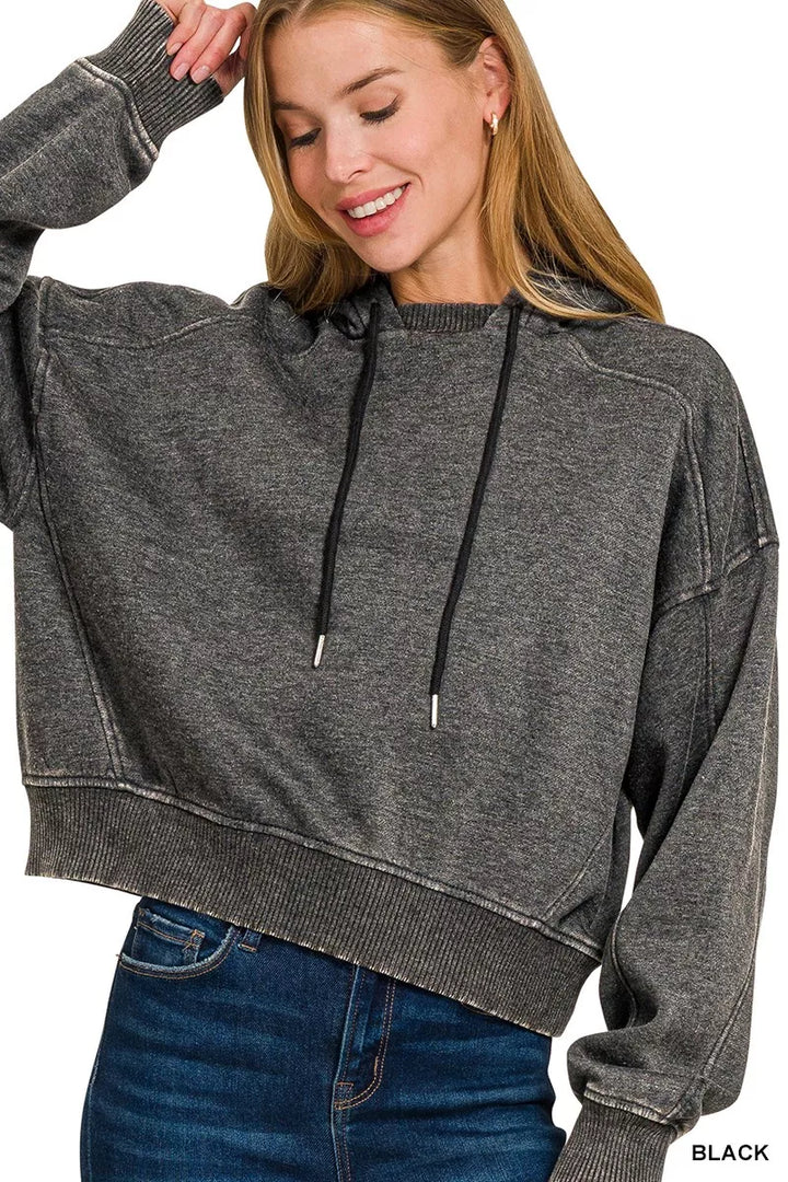 Acid wash cropped fleece hoodie with ribbed hem