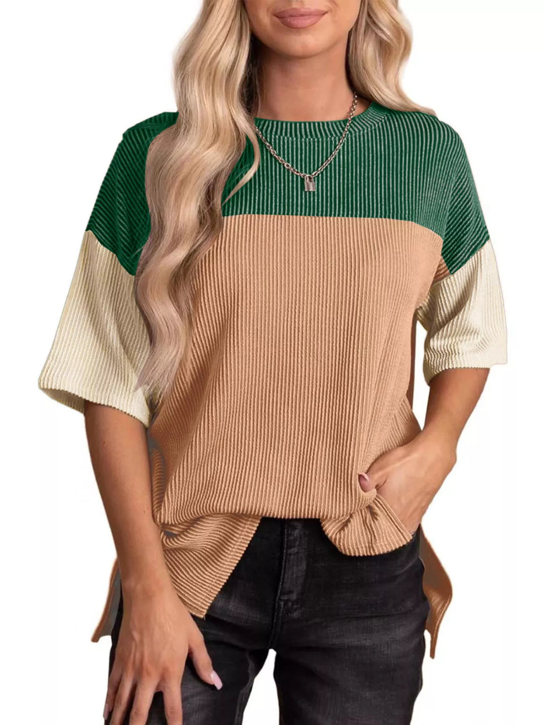 Green+orange Ribbed color block short sleeve top with side slits