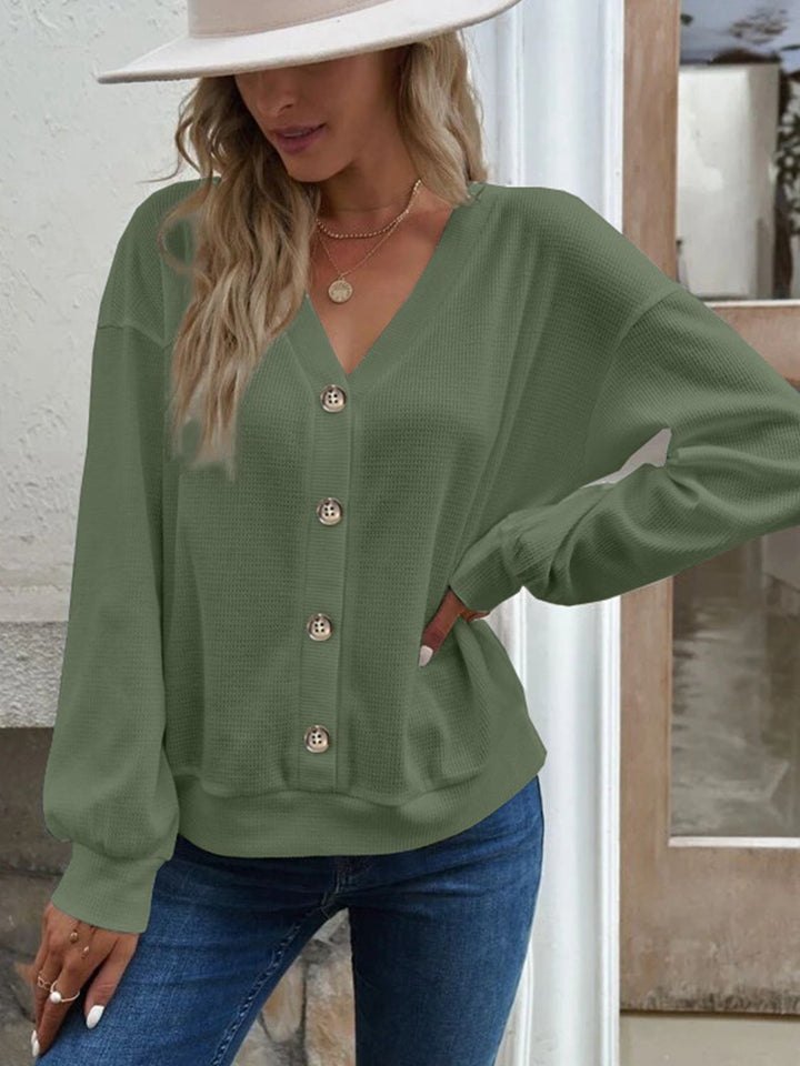 Matcha Green Waffle-knit V-neck button-front top with dropped shoulders