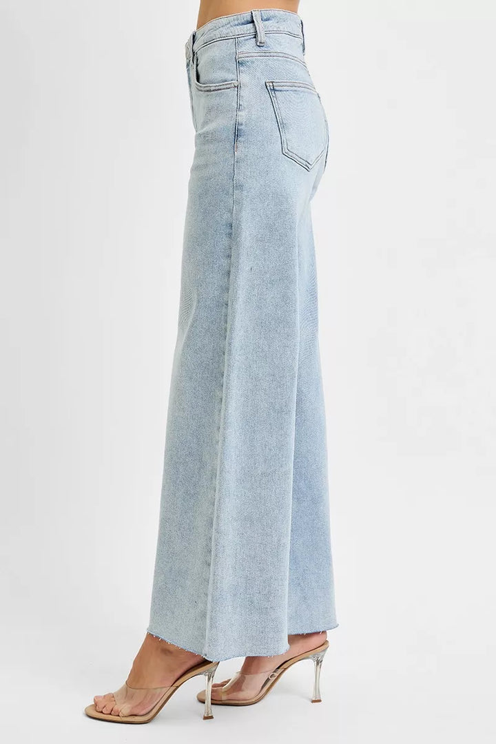 High-rise wide-leg palazzo jeans with raw ankle hem