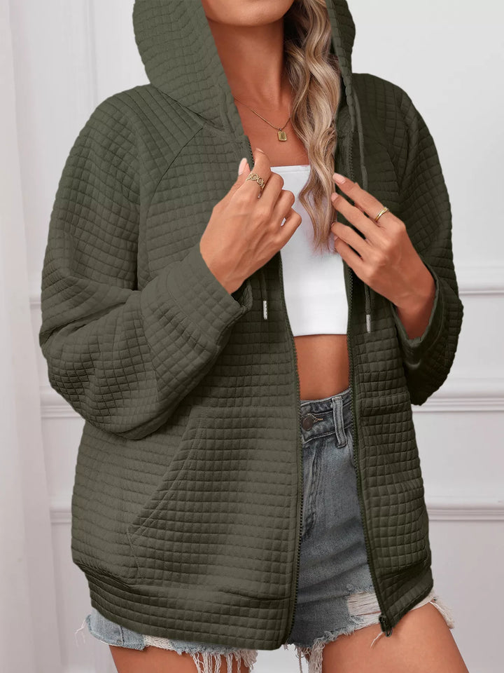 Textured quilted zip-up hooded jacket with pockets